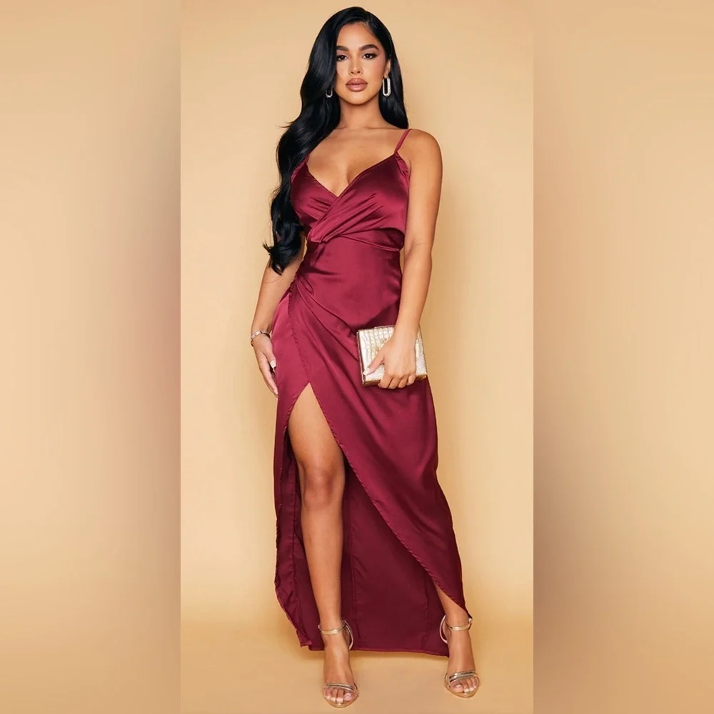 PRETTY LITTLE THING ~ Burgundy Satin Wrap-Detail Maxi Dress ~ Front Slit ~ Sz 8